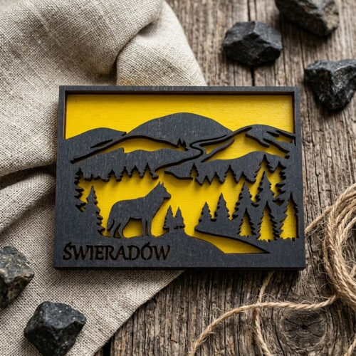Magnes drewniany Wilk Świeradów – Karkonosze – Ażurowy 3D