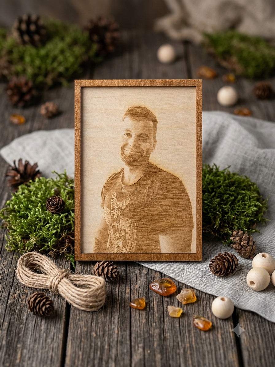 Portret ze zdjęcia wypalany w drewnie - obrazek 2