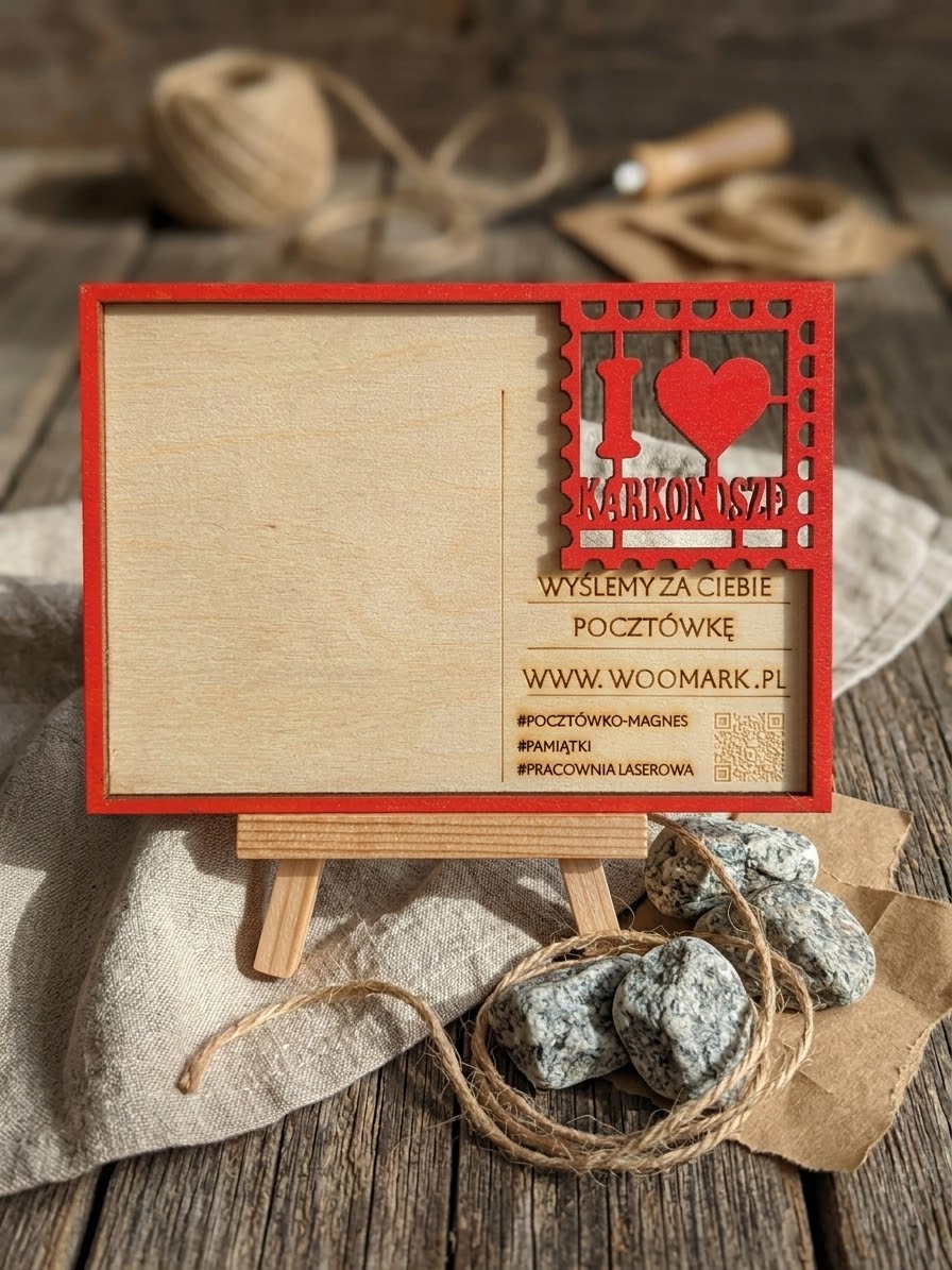 Drewniana pocztówka magnetyczna I love Karkonosze